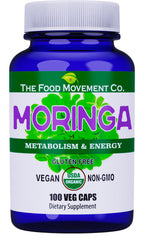 The Food Movement Co Moringa capsules bottle shown for natural energy support