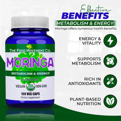 The Food Movement Co Organic Moringa capsules packaging highlights antioxidant rich wellness