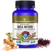The Food Movement Co. Sea Moss Master Formula bottle highlighting burdock root for digestive support.