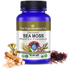 The Food Movement Co. Sea Moss Master Formula bottle highlighting burdock root for digestive support.