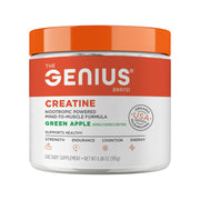 The Genius Brand front packaging showing creatine tub and branding for quick ID