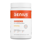 The Genius Brand Daily Superfood Greens pineapple powder tin for convenient daily nutrition.