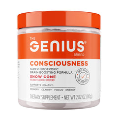 The Genius Brand Genius Consciousness bottle reveals premium nootropic blend for focus.