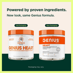 Pouring The Genius Brand Genius Heart capsules illustrates easy daily intake for circulation and energy.