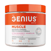 The Genius Brand Genius Muscle bottle on a workout bench promoting non-hormonal muscle health.