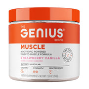 The Genius Brand Genius Muscle bottle on a workout bench promoting non-hormonal muscle health.