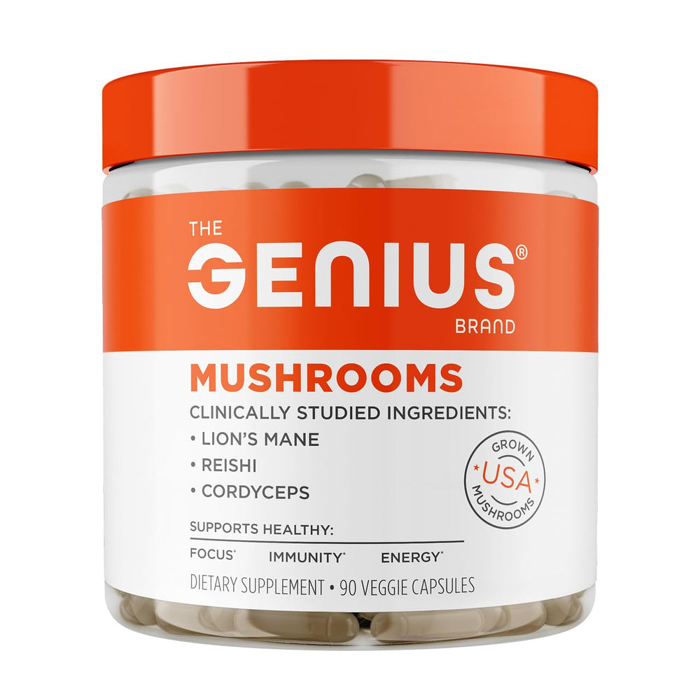 The Genius Brand Genius Mushrooms bottle front shows clean labeling for focus and energy support.