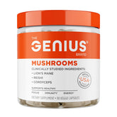 The Genius Brand Genius Mushrooms bottle front shows clean labeling for focus and energy support.