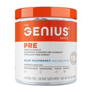 The Genius Brand Genius Pre blue raspberry powder scoop for clean energy.