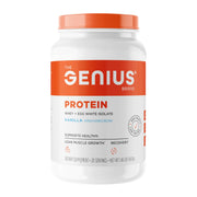 The Genius Brand Genius Protein Powder Vanilla bottle showcases dual protein for lean muscle support.