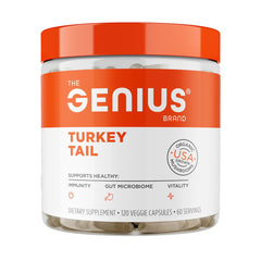 The Genius Brand Genius Turkey Tail bottle on display showing immune support