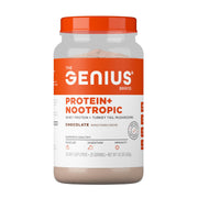 The Genius Brand chocolate protein powder tub with rich flavor for post-workout recovery