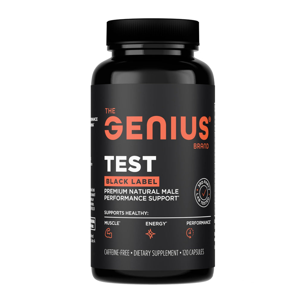 The Genius Brand Test Black Label bottle closed, convenient energy and performance support.