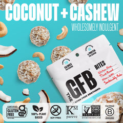 The GFB Coconut Cashew Bites texture close-up showing creamy, chewy, crispy contrasts
