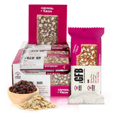 The GFB Oatmeal Raisin Bar pack on shelf highlights gluten-free, plant-based protein.