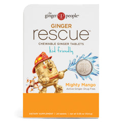 The Ginger People Ginger Rescue mango chewables front packaging shows kid-friendly flavor.