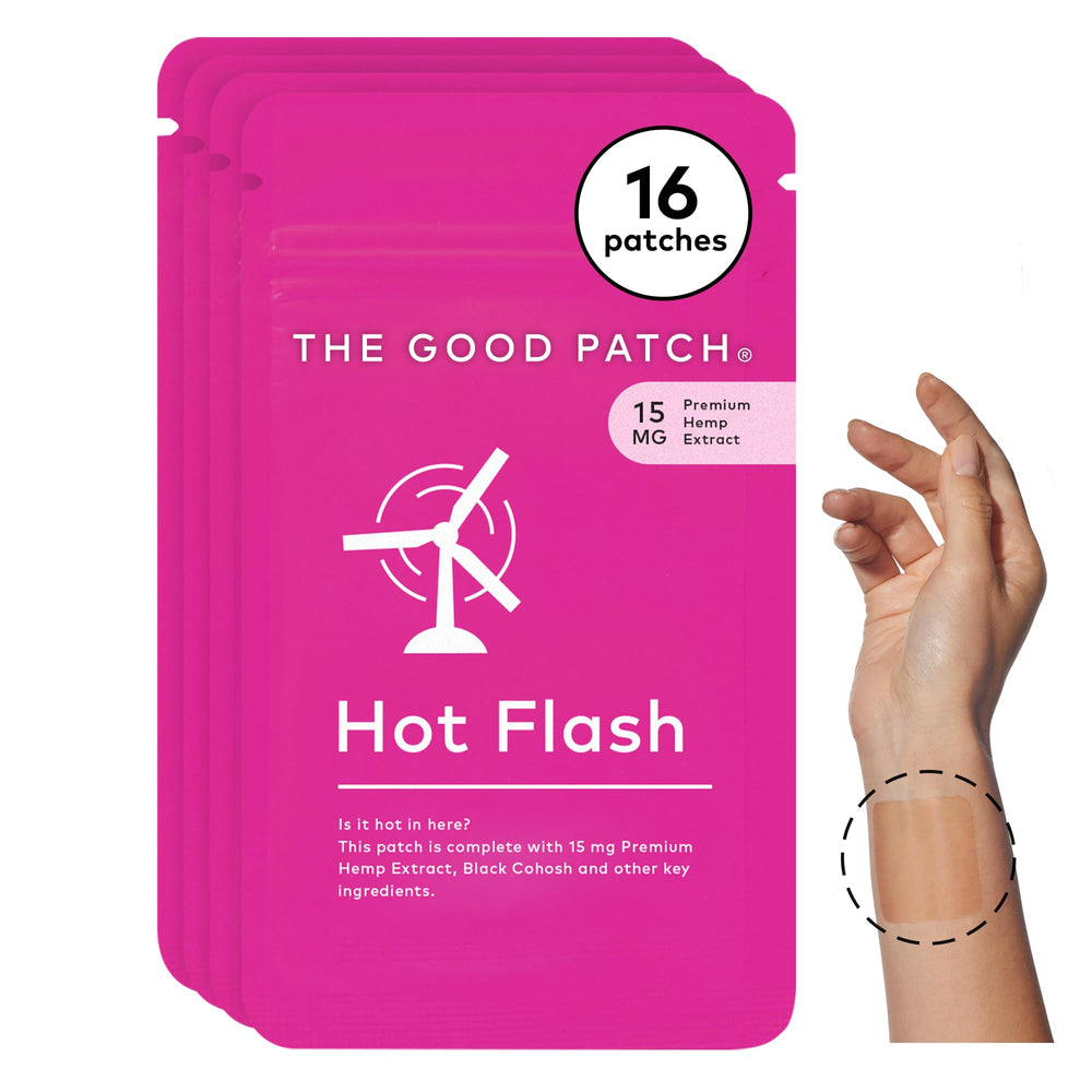 The Good Patch hot flash patch applied to the wrist for discreet daily relief.