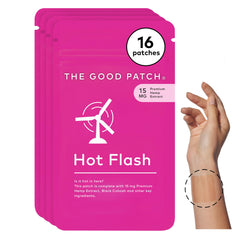 The Good Patch hot flash patch applied to the wrist for discreet daily relief.