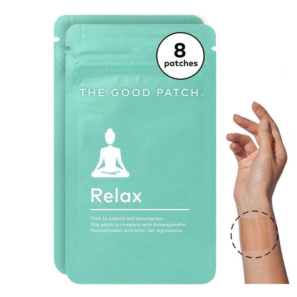 The Good Patch Relax patches on the wrist offer discreet calm during busy days.