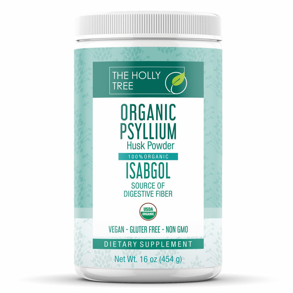 The Holly Tree psyllium husk powder bottle showcases organic fiber for daily digestion.