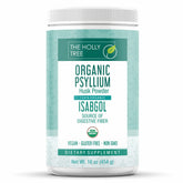 The Holly Tree psyllium husk powder bottle showcases organic fiber for daily digestion.