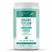 The Holly Tree psyllium husk powder bottle showcases organic fiber for daily digestion.