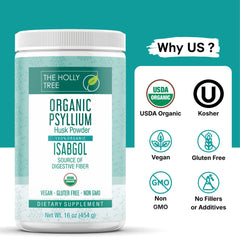 The Holly Tree psyllium powder pour demonstrates convenient pour to mix into drinks.