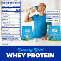 The Humble Goat chocolate whey tub closeup showing premium cocoa and smooth texture.