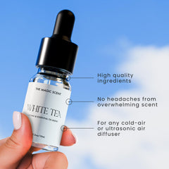 Amber-cedarwood-vanilla notes from The Magic Scent White Tea diffuser oil enrich atmosphere.