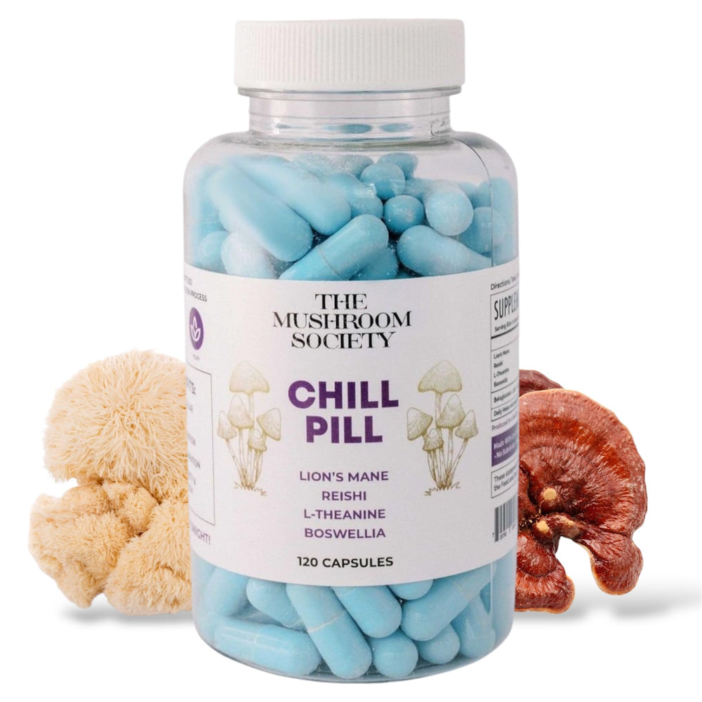 The Mushroom Society Chill Pill bottle promotes calm and daily stress support.