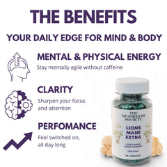 The Mushroom Society Lion’s Mane Extra capsules close-up highlighting vegan formula.