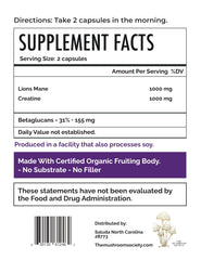 The Mushroom Society Lion’s Mane Extra label showing 1000 mg Lion's Mane and 1000 mg Creatine.