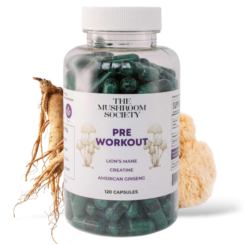 The Mushroom Society Pre-Workout bottle highlights stimulant-free energy for focused workouts.