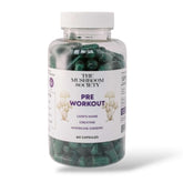 The Mushroom Society pre-workout bottle for focused energy during training.