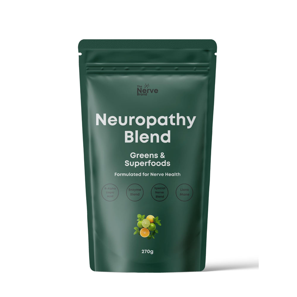The Nerve Brand Neuropathy Superfood Blend bottle shows chocolate flavor for daily enjoyment