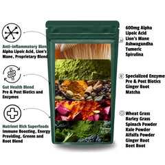 The Nerve Brand Neuropathy Superfood Blend label close-up highlights 600mg R-ALA and greens