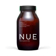 The Nue Co Debloat Gut Barrier+ powder in a jar supports daily digestion.