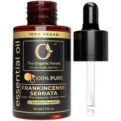 The Organic Forest frankincense oil bottle for calming aromatherapy and skincare