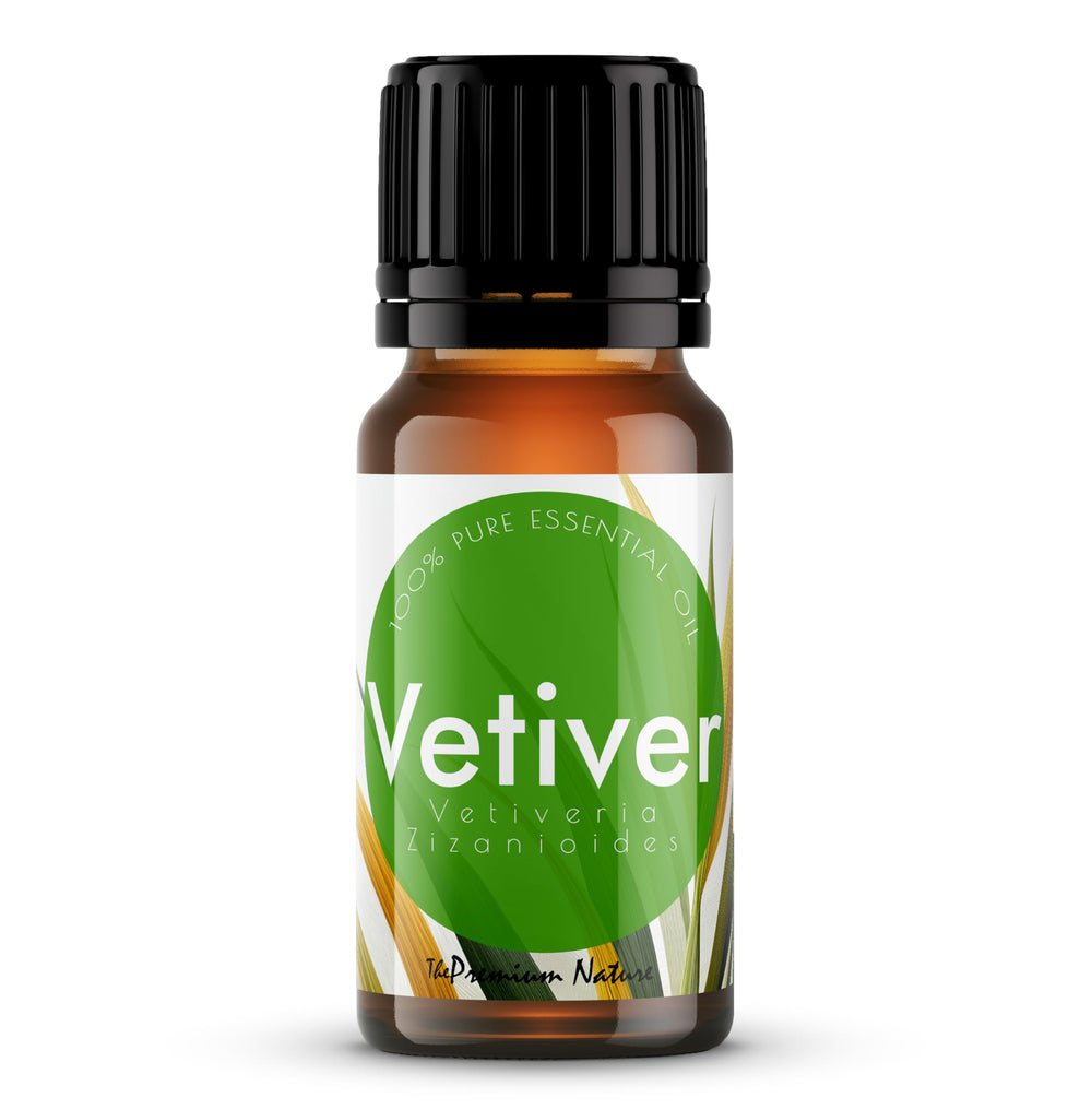 The Premium Nature Vetiver oil bottle pour showcases its earthy aroma.