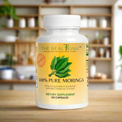 The Real Tonic bottle label highlighting purity and vegan capsules.
