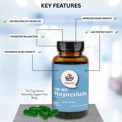 The Tiny Secret Magnesium 240mg capsules close-up showing vegan HPMC shell.