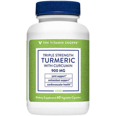 The Vitamin Shoppe Turmeric Curcumin 900mg bottle pour shows antioxidant support.