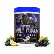 The Whey of The Lord Holy Power preworkout tub label indicating reliable energy during training.