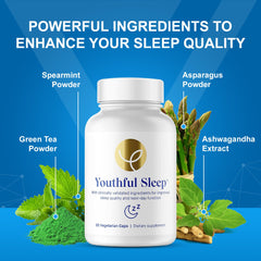 Youthful Sleep label close-up emphasizing transparent ingredients for a healthy evening