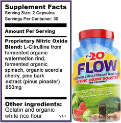 The20 Flow ingredients featuring organic watermelon, spinach, and acerola cherries.