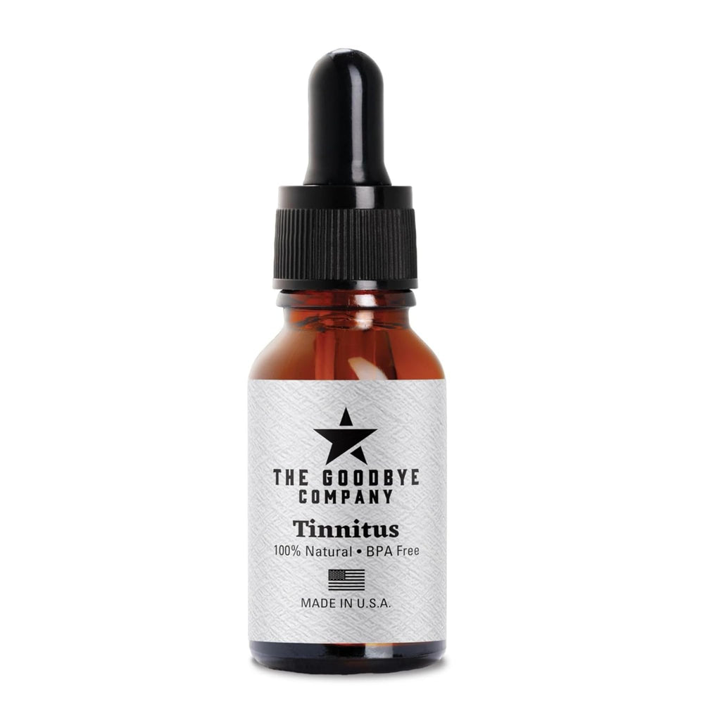 The Goodbye Company tinnitus-relief bottle front, natural ear health option in action