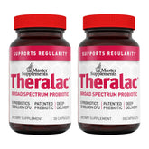 Theralac bottle front shows multi-strain probiotic packaging for gut balance.