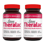 Theralac bottle front shows multi-strain probiotic packaging for gut balance.