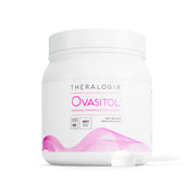Theralogix Ovasitol canister with scoop showing convenient daily-dose packaging.