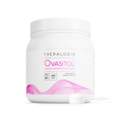 Theralogix Ovasitol canister with scoop showing convenient daily-dose packaging.